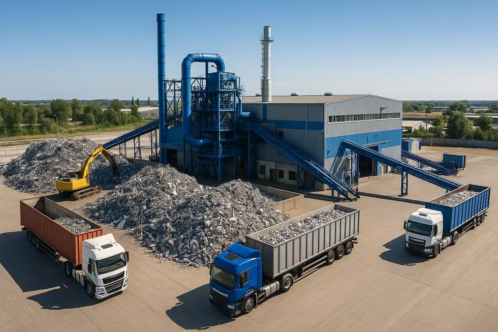 An overhead view of an advanced recycling facility for aluminium, surrounded by trucks.