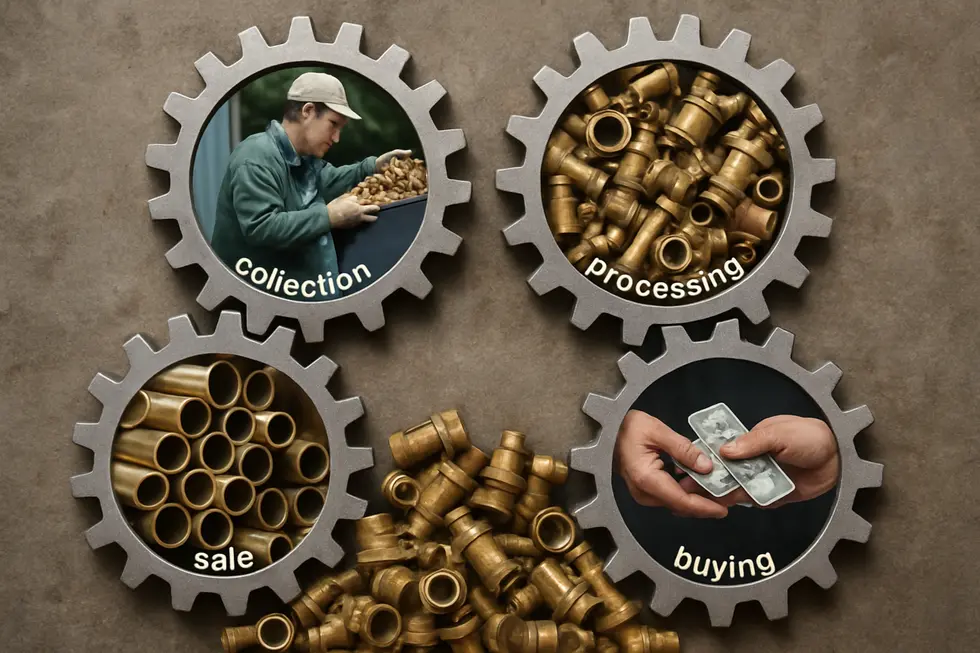 Illustration of brass scrap processes from collection to sales.