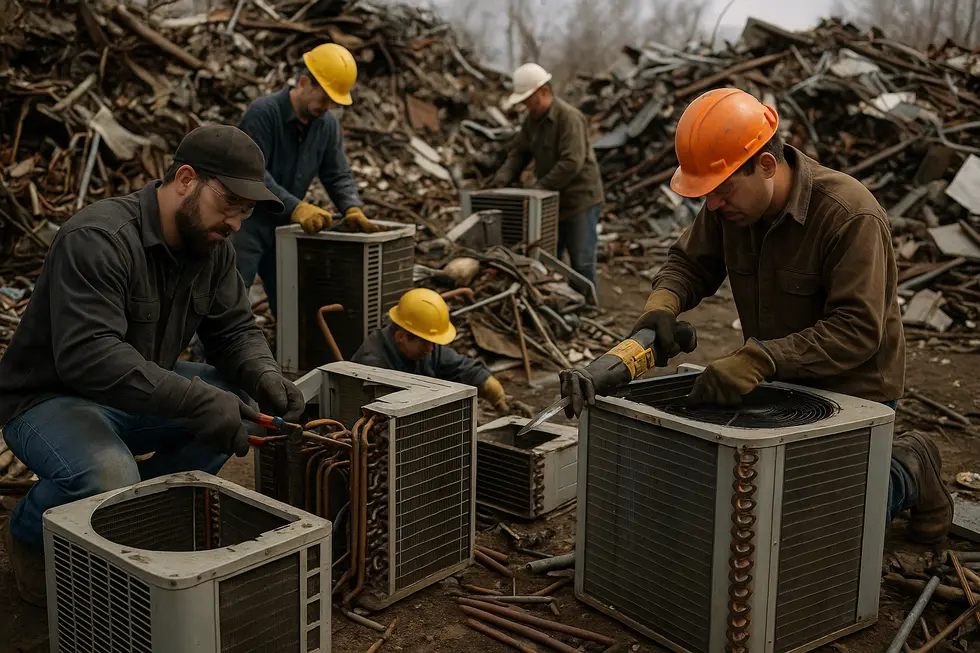 Workers dismantling AC units for scrap coil collection.