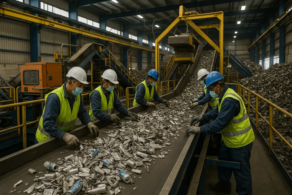 Workers and automation at a materials recovery facility sorting aluminium scrap efficiently.