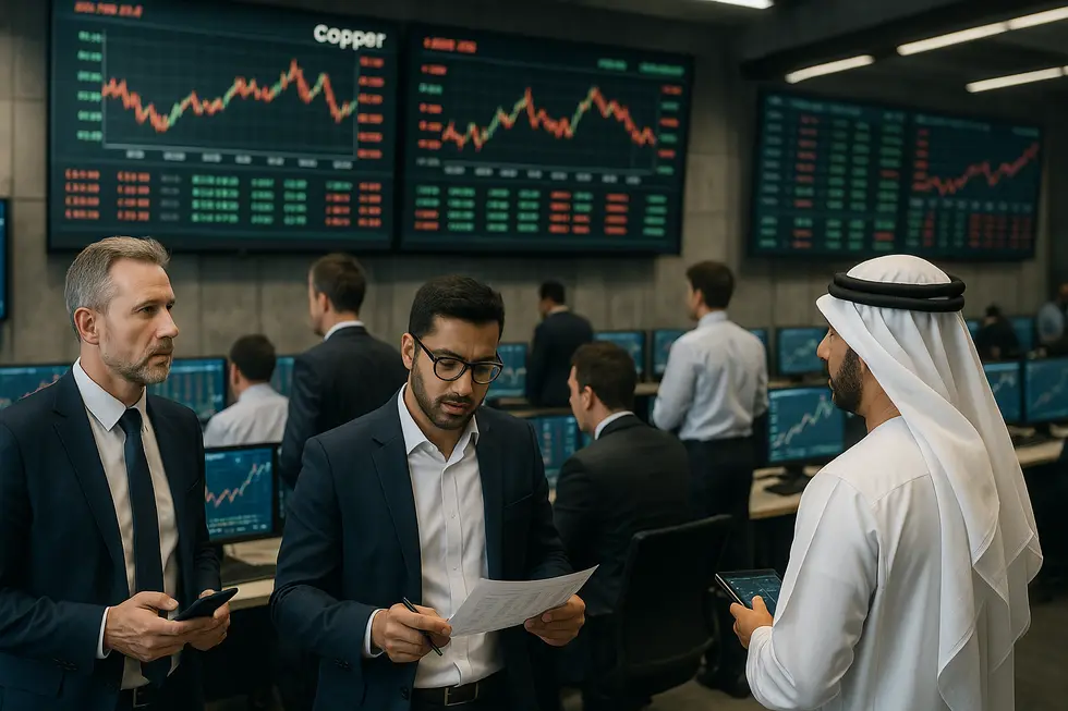 Traders monitor real-time copper prices in Dubai’s vibrant market scene.