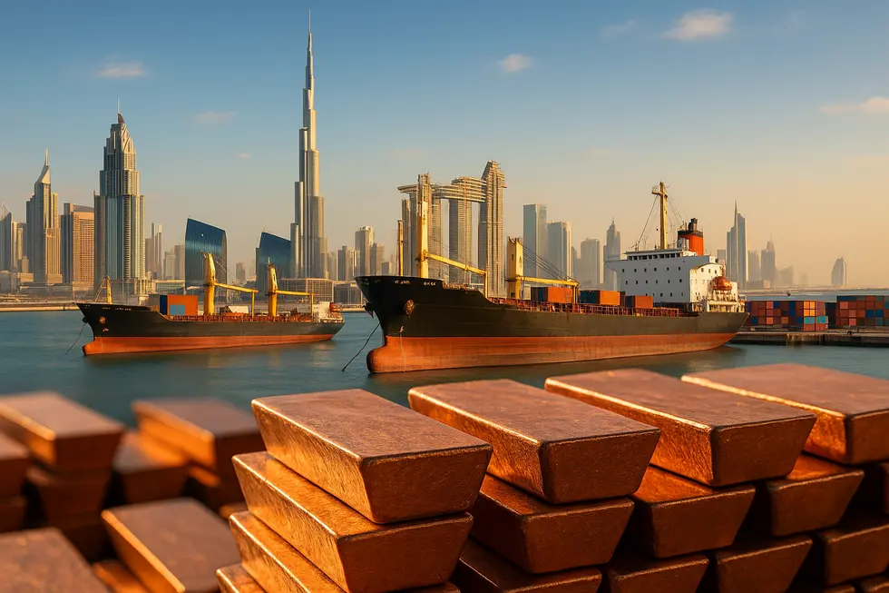 Composite image of Dubai's skyline with trade ships and copper ingots, symbolizing trade.