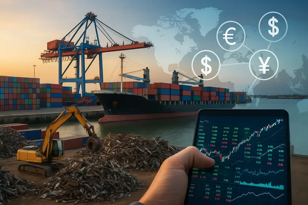 Collage depicting port activities, digital platforms, and currency in metal scrap trade.