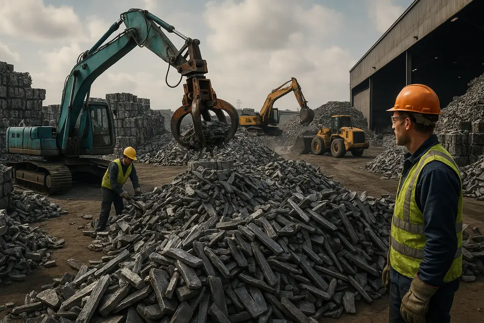 View of an active lead scrap recycling facility illustrating global industry operations.