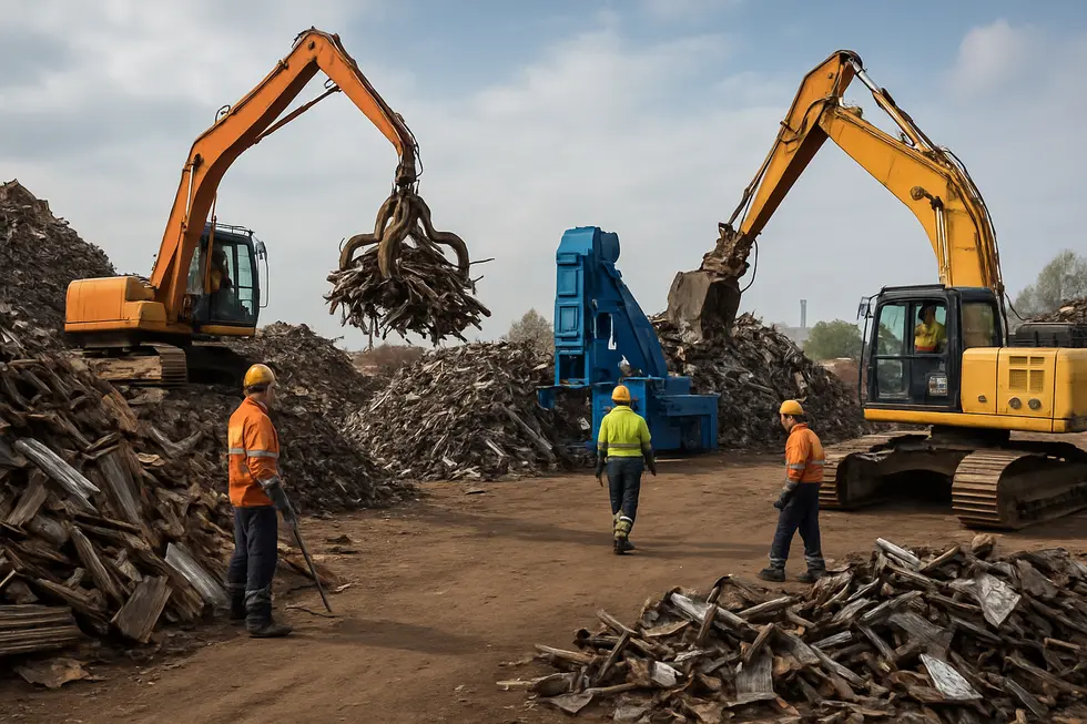 A wide view of a recycling facility with workers and equipment processing ferrous metals.