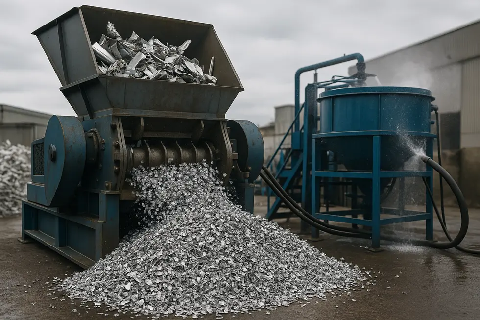 Workers and automation at a materials recovery facility sorting aluminium scrap efficiently.