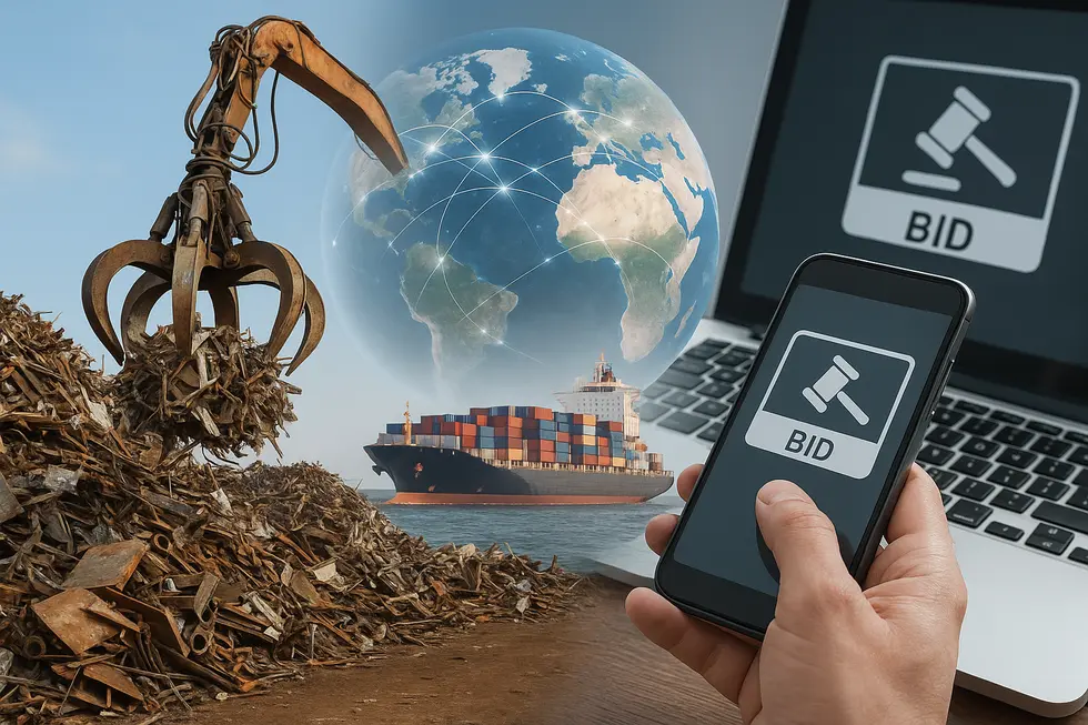 Composite image depicting metal recycling, international trade, and auction platforms.