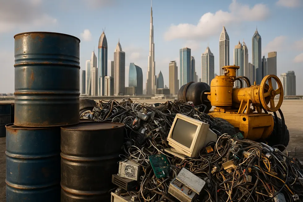 A collage showing oil drums, electronic waste, and industrial machinery with Dubai's skyline in the background.