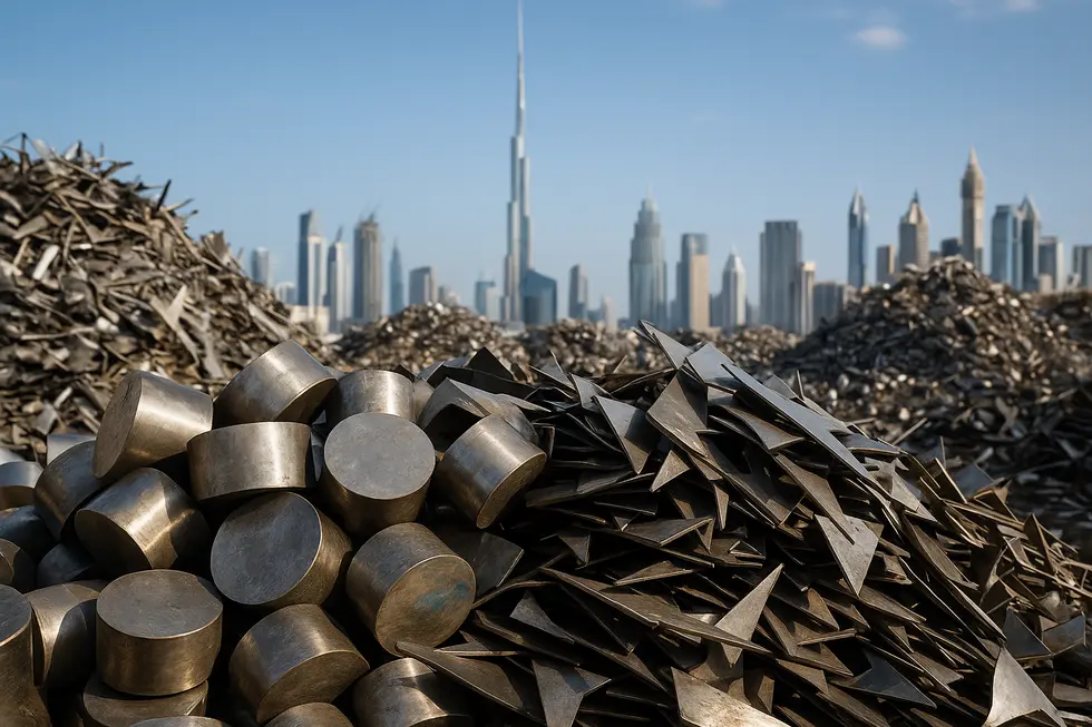 Overview of high nickel alloys scrap market with Dubai skyline.