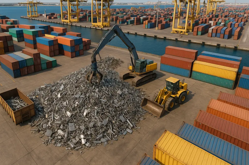 Port in UAE with containers and machinery moving stainless steel scrap.