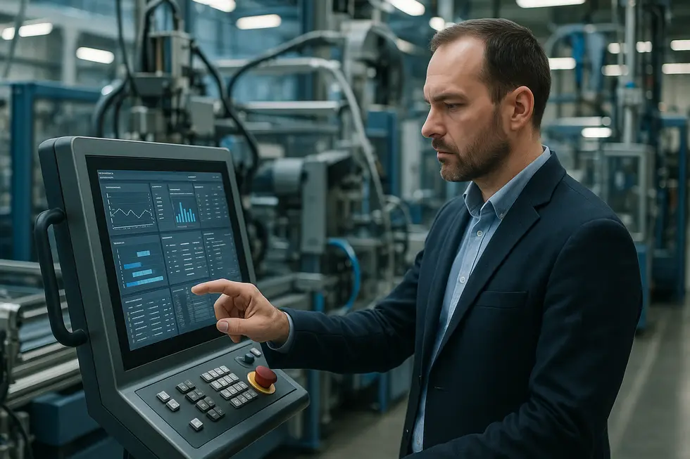 A quality control expert assessing production metrics against international standards using modern equipment.