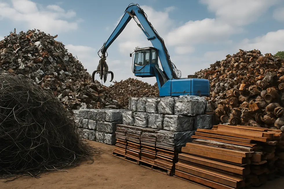 A metal scrap yard with various sorted metal types.