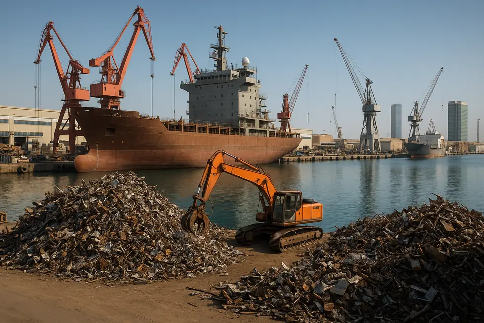 UAE maritime yards combining shipbuilding and metal recycling with modern industrial scenery.