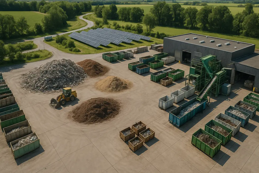Aerial view of a high-tech waste management facility, showing the integration of traditional recycling methods and modern technologies.