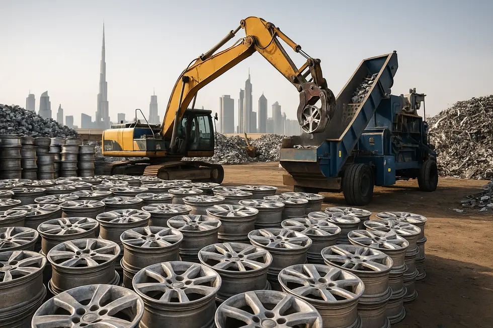 A busy recycling yard with machinery processing aluminum alloy wheels at Al Zuhour Scrap.